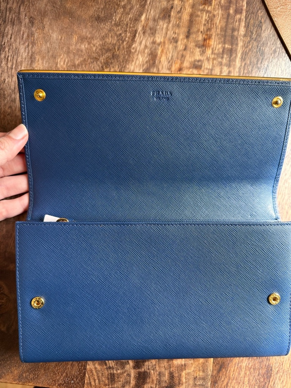 Prada Blue Saffiano Leather Continental Wallet with Gold Hardware - Picture 4 of 5